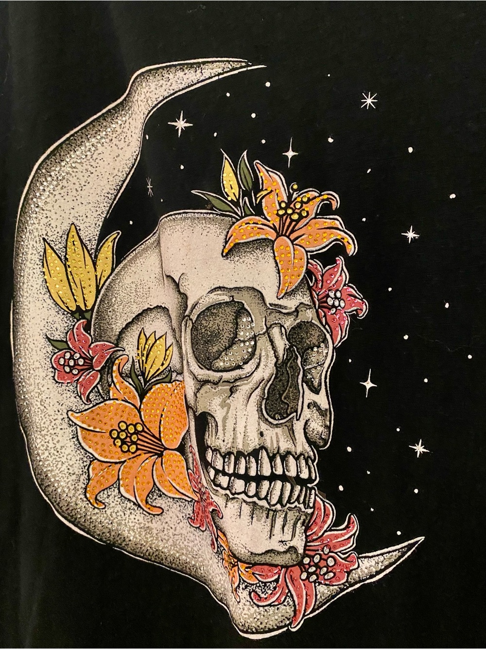 Torrid Black Tee with Moon, Skull & Floral Graphic - Rhinestone Detail - Size 5X - Picture 4 of 9